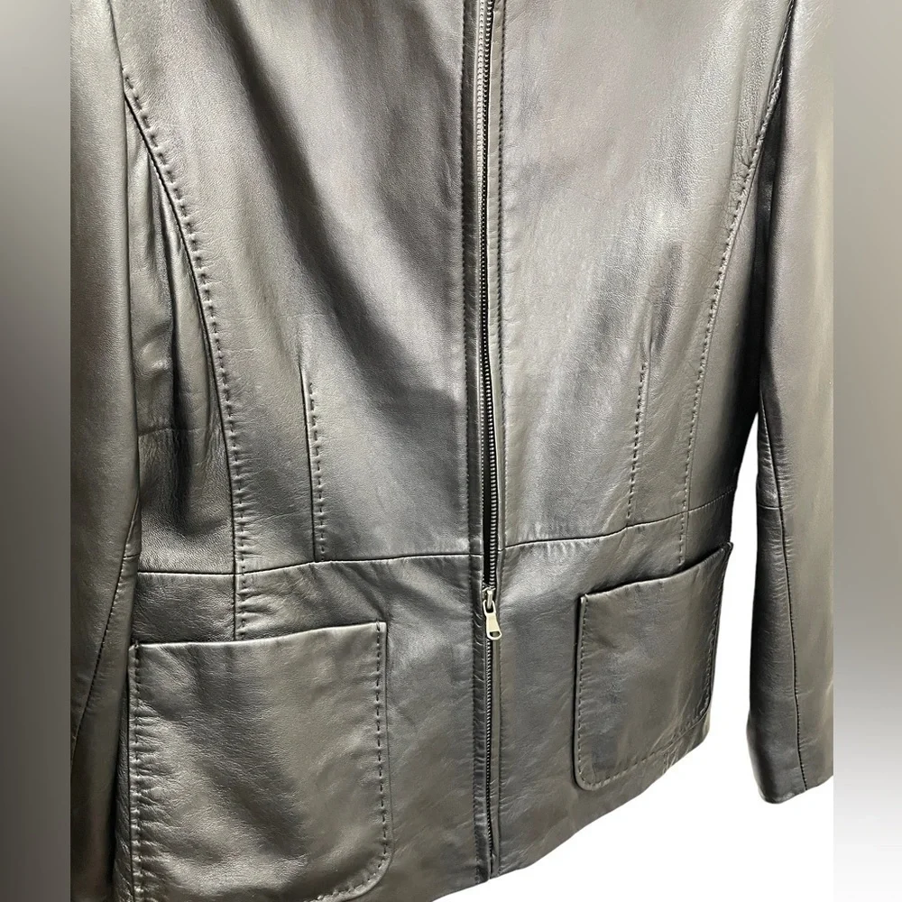 𝅺Reilly Olmes R&O Black Soft Leather Blazer Jacket Lined Zip Up Pockets Y2K Med